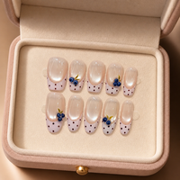 Kuku Palsu 3D Blueberry Buatan Tangan Warna Nude Pink Cat Eye dengan Polka Dot French Tip Kuku Salon Kustom yang Dapat Digunakan Kembali untuk Musim Panas