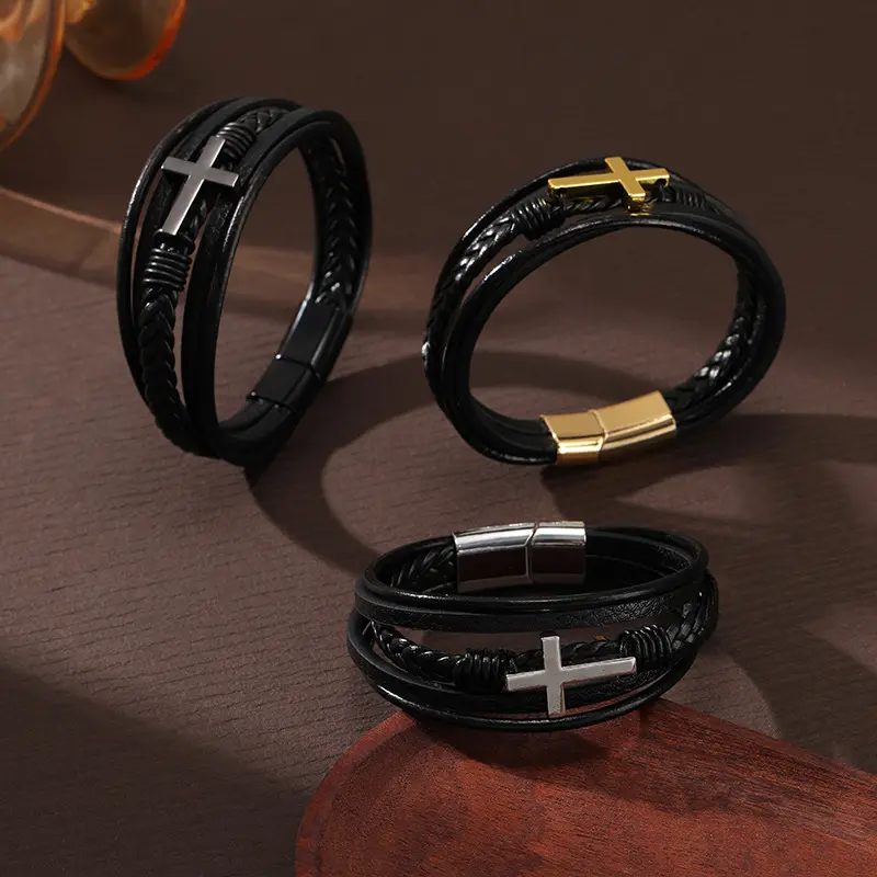Pulseira de couro transversal masculina multi-camada corda tecida à mão com fivela magnética pulseira de couro vende bem na Europa e América
