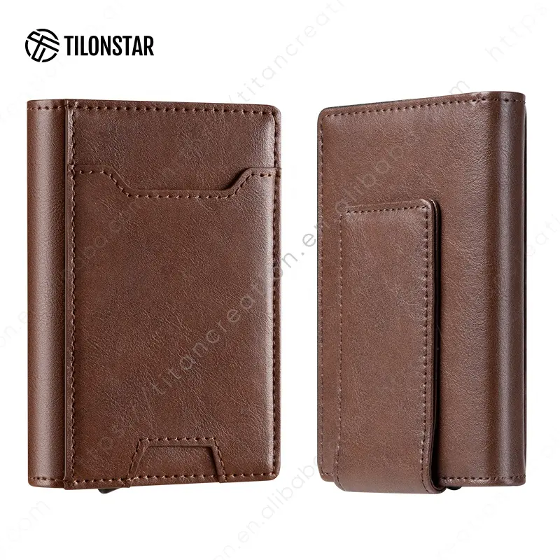 Vintage Genuine Leather Men Genuine Pop Up Wallets Credit Card Holder Wallet RFID Blocking Magnetic Money Clip
