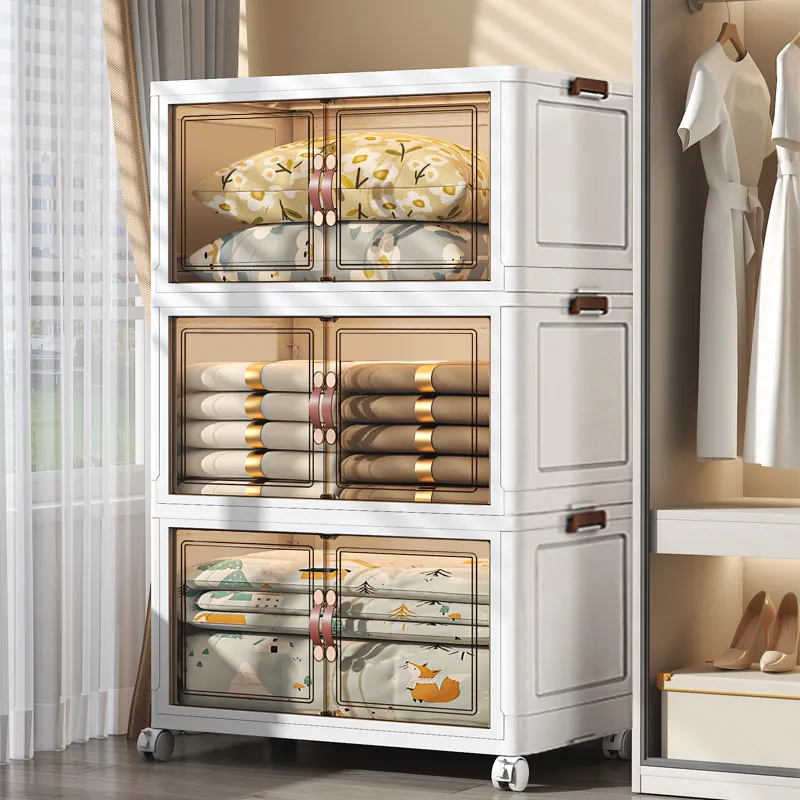 Easy Install Clothes Plastic Folding Bins Box Office Bedroom Transparent Foldable Double Door 5 Shelf Drawers Storage Cabinet