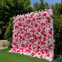 Panel dinding bunga mawar sutra buatan 3D 5D gulung, latar belakang kain, ubin dinding bunga warna pink untuk dekorasi pernikahan, rumah, dan salon