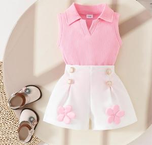 2025 European and <strong>American</strong> Girls Casual Set V-Neck Sleeveless Pit Top with White Applique Shorts Lapel Pants <strong>Style</strong>