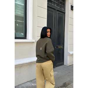 Sweat-shirt à capuche en soie oversize pour femme, couleur kaki, taille XS, imprimé brodé au dos - Product Image 1