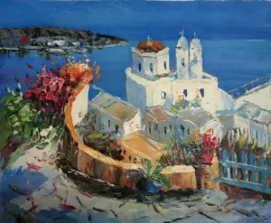 Venta al por mayor estilo moderno precio bajo sin marco con caballete Santorini pintura al óleo junto al mar pintura