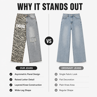 Jean baggy en denim 12oz, coupe large, imprimé léopard tendance par sublimation, style urbain, color block, broderie 3D en relief, genoux déchirés