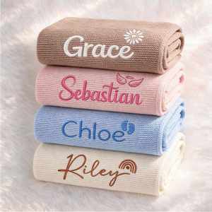 Couverture personnalisée brodée avec le nom, couvertures en coton tricoté pour nouveau-nés, cadeau pour une fête de naissance, souvenir pour la chambre de bébé - Product Image 5