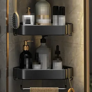 Organizador de estantes de baño, estante de esquina de acero al carbono negro, almacenamiento de champú, carrito de ducha con dos ganchos