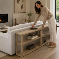 Table console moderne en bois massif, style américain, longue et étroite, table d'appoint de canapé, étagère de rangement à 3 niveaux avec coins arrondis