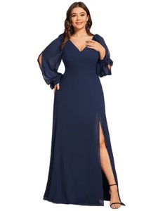 POVTY Vestido Maxi de Talla Grande para Mujer, Estampado Personalizado al por Mayor, Elegante y Sexy con Cuello en V, Cintura Imperio, Manga Larga, Corte A, para Invitadas de Boda - Product Image 3