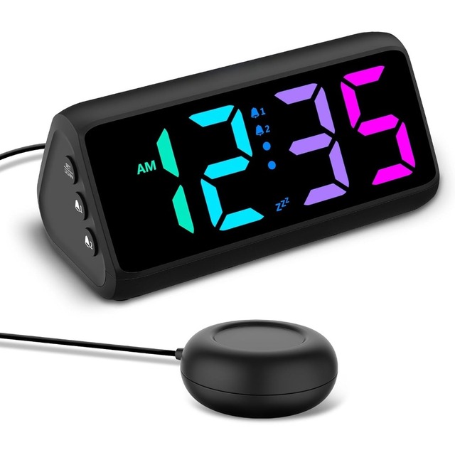 Netzu Loud Alarm Clock for Heavy Sleepers, Plug-in RGB Vibrating Alarm Clocks with Bed Shaker