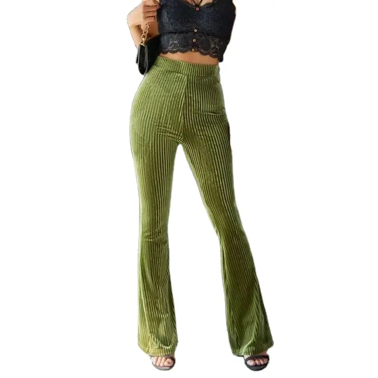 2021 Winter Custom Women's High--waist Solid Pants Women Casual Flare Leg Velvet Trousers