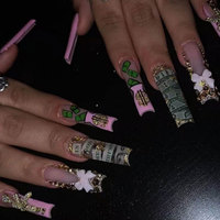 24 faux ongles longs en forme de cercueil ou de ballerine, faits à la main, roses, avec motifs dollar, couronne et strass, en ABS, couvrance totale, pour femmes