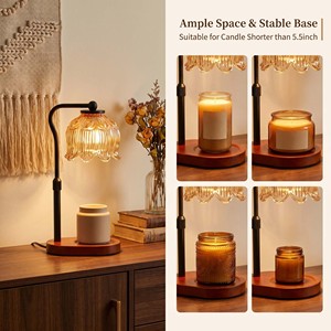Lámpara Calentadora de Velas Bellflower de Cristal sin Llama, con Brazo Fijo en Oro Rosa y Base de Madera, Regalo Exquisito para la Inauguración de una Casa - Product Image 3