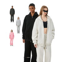Ensemble de survêtement personnalisé 345 g/m² sans cordon de serrage, en molleton épais de coton pour homme, style streetwear, avec sweat à capuche zippé et pantalon de jogging oversize