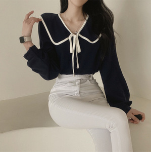 <span class=keywords><strong>Camisa</strong></span> de mujer con cordones de <span class=keywords><strong>Joker</strong></span> de solapa delgada suelta Coreana de primavera y otoño - Product Image 3
