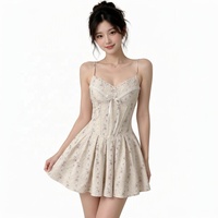 Robe Courte Évasée à Bretelles Fines Imprimé Floral avec Corset à Baleines, Poches Latérales, Style Vintage Décontracté pour Vacances et Rendez-vous, Qualité OEM Supérieure