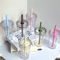 Nouvelle tasse à paille en plastique PS de 450 ml, multicolore, avec paille bonbon, pour fêtes – Réutilisable, anti-fuite, sans BPA, compatible lave-vaisselle