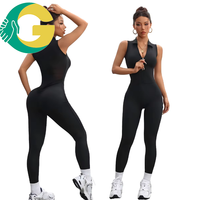Combinaison sans manches à col en V pour femme avec fermeture éclair avant, respirante, en spandex/polyester, longueur intégrale, vêtements de sport pour la gym et le yoga