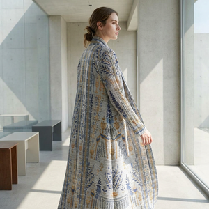 Nouvelle <span class=keywords><strong>Abaya</strong></span> Plissée Miyake 2026, Manteau Long Imprimé Ethnique Beige et Bleu pour Femme, Tenue Extérieure Élégante Thermofixée - Product Image 3