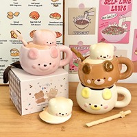 MSH Tasse à lait en céramique sur le thème de l'ours de dessin animé mignon avec couvercle et cuillère pour cadeau de boisson pour enfants