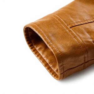 Chaqueta de moto de cuero para hombre, corte ajustado, cuello mandarín, cierre de cremallera, logo frontal con calefacción, color marrón, para invierno - Product Image 5