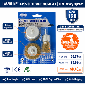 <span class=keywords><strong>LASERLINE</strong></span> Lot de 3 brosses métalliques ondulées en acier recouvert de laiton, tige de 6 mm, accessoires pour perceuse, brosse en forme de coupelle, brosse crayon, pour décapage de rouille et soudure - Product Image 2