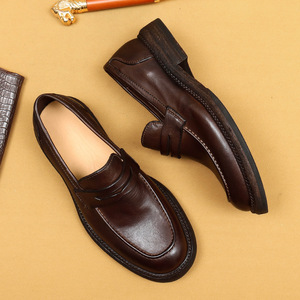 Men's leather <b>shoes</b> with vulcanized rubber soles, washed leather bottom, handcrafted leather <b>shoes</b>, thick sole, casual loafers - Product Image 2