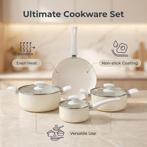 Juego de Ollas de Cocina Antiadherentes de 7 Piezas, de Aleación de Aluminio, con Tapas de Vidrio Blanco y Asas de Baquelita, Ligeras, Precio de Fábrica - Product Image 5