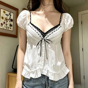 Women's Summer Lace V Neck Layered Two Piece Top Sweet Casual Bow <b>Tie</b> Front High Waist Slimming Short Sleeve T-Shirt - Product Image 4