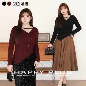 เสื้อถักแขนยาวผู้หญิงรันฉี ทรงเอซิมเมตริก สีพื้น คอวี กระชับเอว สไตล์เรโทร สีแดงคลาสสิก สีดำ ไซส์พลัส - Product Image 5