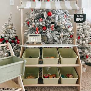 Stand de marché agricole en bois pour enfants avec <span class=keywords><strong>caisse</strong></span> <span class=keywords><strong>enregistreuse</strong></span> factice et 6 bacs de rangement en plastique vert - Product Image 6