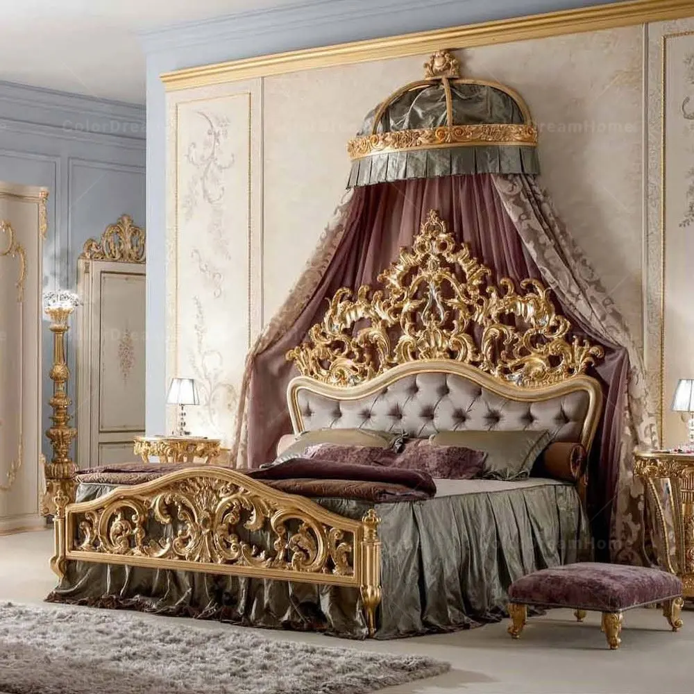 Французская Тяжелая резная мебель, Королевский роскошный комплект для спальни, Золотая однотонная деревянная кровать и шкафы большого размера