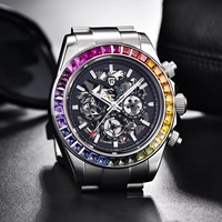 Montre automatique de luxe pour homme PAGANI DESIGN PD1777 40 mm en acier inoxydable, avec lunette arc-en-ciel, mouvement mécanique, verre Hardlex.