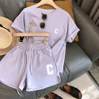 Set 2 Potong Piyama Pendek Wanita Musim Panas, Kaos Lengan Pendek Longgar, Celana Pendek Kasual Bermotif Huruf, Bahan Poliester, Ukuran Besar