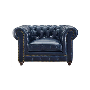 طقم أريكة كلاسيكي فاخر من 3 قطع, طقم أريكة باللون الأزرق بتصميم أمريكي عتيق مكون من 3 قطع ، طقم أريكة من الجلد الطبيعي لغرفة المعيشة - Product Image 2