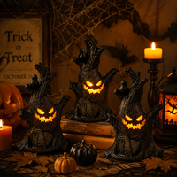 JUNYI Plastik Halloween-Deko Kürbis LED Flammenlose Kerze Geisterbaumstumpf Ornament Grimasen-Gesicht Festliche Dekoration