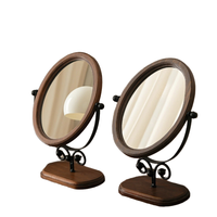 Vintage Single-Sided Solid Wood Silver Finish Oval Vanity Mirror Rotatable Foldable Desktop Standing for Home Dormitory Bedroom