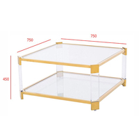 Table basse carrée à deux niveaux en verre trempé ultra transparent avec cadre en acier inoxydable doré et pieds en acrylique, mobilier moderne pour la maison