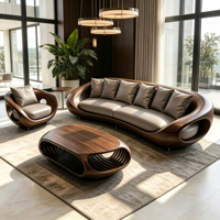 Ensemble de canapés en tissu avec cadre en bois courbé, design moderne et écologique, comprenant un fauteuil et une table basse pour salon