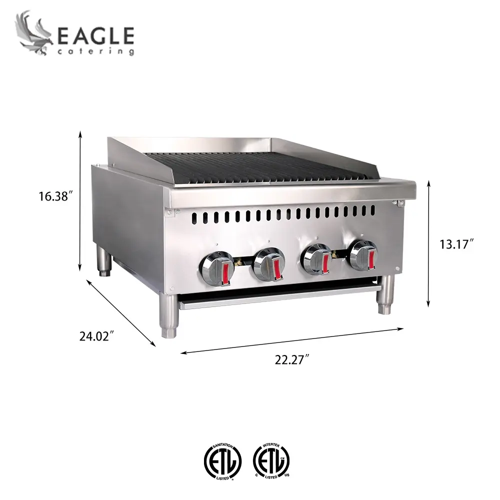 معدات طهي تجارية معتمدة من ETL شحن غاز مقاس 24 بوصة مع 4 رؤوس - 80000BTU
