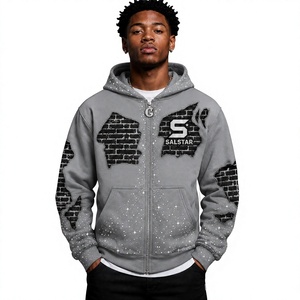 <b>Men's</b> Custom Rhinestone Zip Up <b>Grey</b> Hoodie Jacket – Premium Streetwear <b>Sweatshirt</b> with Graphic Print & Custom Logo - Product Image 1