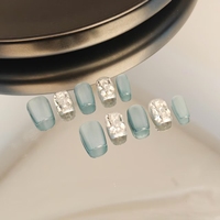 Ongles artificiels de haute qualité ; Style Princesse, bleu grisâtre effet œil de chat, diamant scintillant ; Réutilisables, vente en gros d'usine.