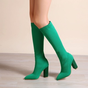 Calcetines de tela elástica de punto para otoño e invierno, botas hasta la rodilla para mujer, zapatos de tacón cuadrado con punta roja a la moda, Botas Largas - Product Image 4