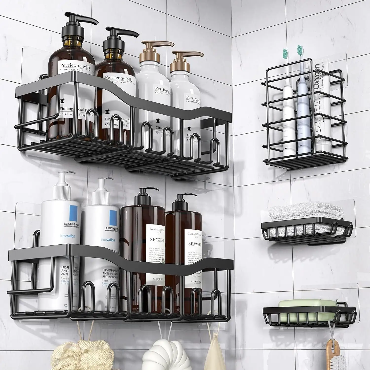Lot de 5 étagères de rangement adhésives Caddy de douche organisateurs de bain en acier inoxydable antirouille avec grande capacité pour la cuisine de salle de bain