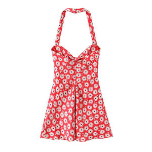 Floral <b>Print</b> Halter <b>Mini</b> Dress Women Casual Summer A-Line Sleeveless Red White Daisy Pattern Breathable Woven Fabric - Product Image 2