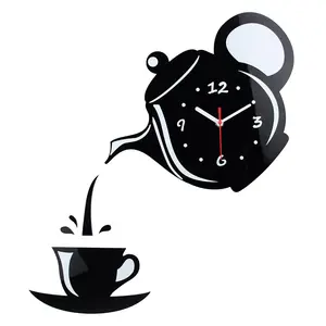 DIYアクリルコーヒーカップティーポット3D壁時計装飾キッチン壁時計リビングルームダイニングルーム家の装飾時計