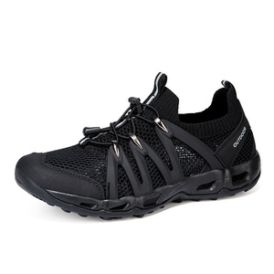 Men's All Black Quick-Dry Breathable Mesh Water Shoes, Non-Slip Rubber Sole, <b>Elastic</b> <b>Lacing</b> Outdoor Hiking Wading Sneakers - Product Image 1
