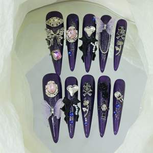 Uñas acrílicas artesanales al por mayor, uñas postizas de cobertura completa en forma de lágrima, diseños con brillantina y pedrería, personalizables. - Product Image 2