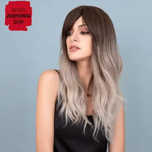 Paris Kesederhanaan 24 Inch Long Wave Brown Gradient Abu-abu Rambut Sintetis Wig untuk Wanita Tahan Panas Serat Alami Wig