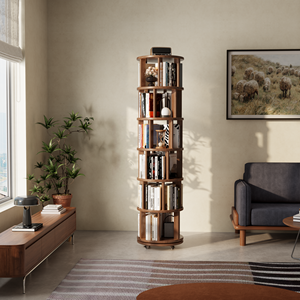 Bibliothèque rotative moderne en bois massif à 6 niveaux avec roulettes et étagères réglables pour petits espaces, chambre et bureau, SJ023 (Stock US) - Product Image 1